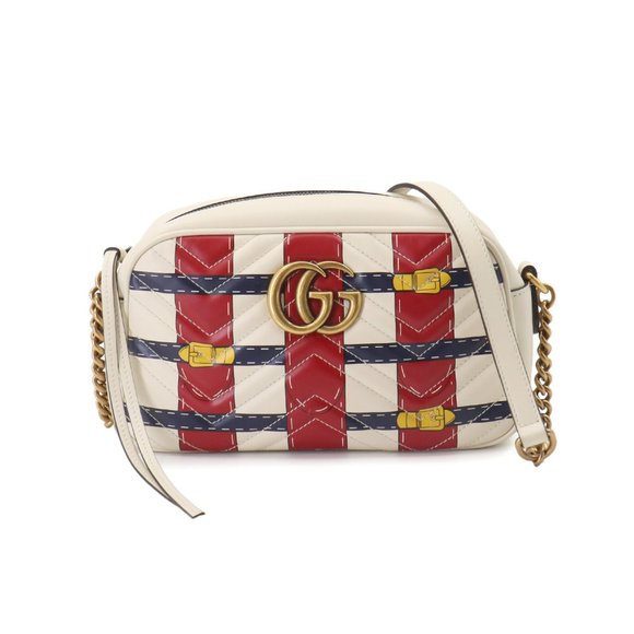 GUCCI Handbags - GUCCI GG Marmont Quilted Small Chain Shoulder Bag Leather Ivory Red Navy 447632